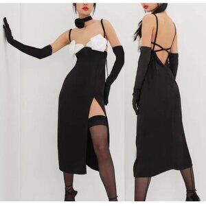 NWT FOR LOVE AND LEMONS RITA ROSETTE BLACK AND WHITE SLIP DRESS SIZE S